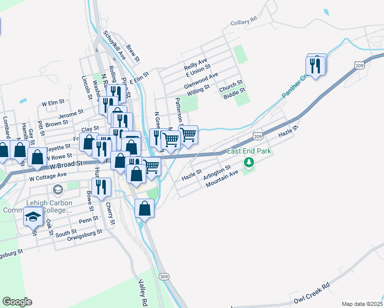 map of restaurants, bars, coffee shops, grocery stores, and more near 410 East Cottage Avenue in Tamaqua