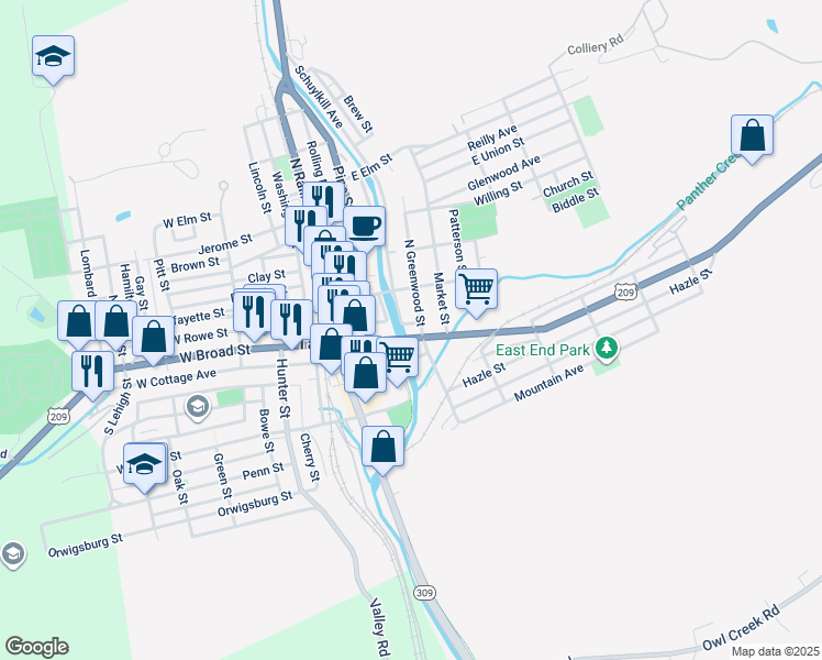 map of restaurants, bars, coffee shops, grocery stores, and more near 255 Cedar Street in Tamaqua