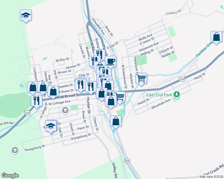 map of restaurants, bars, coffee shops, grocery stores, and more near 222 East Broad Street in Tamaqua