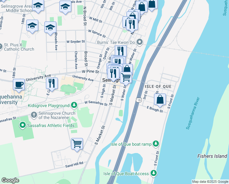 map of restaurants, bars, coffee shops, grocery stores, and more near 216 South Market Street in Selinsgrove