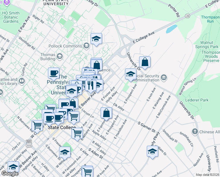 map of restaurants, bars, coffee shops, grocery stores, and more near 448 East Foster Avenue in State College