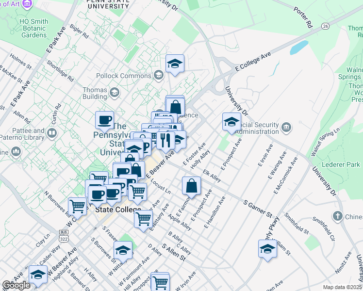 map of restaurants, bars, coffee shops, grocery stores, and more near 223 South Garner Street in State College