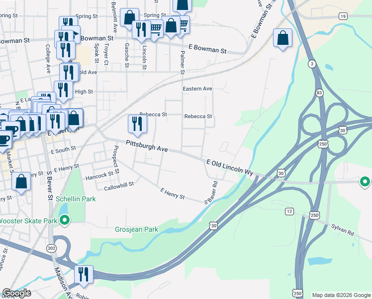 map of restaurants, bars, coffee shops, grocery stores, and more near 1109 Pittsburgh Avenue in Wooster