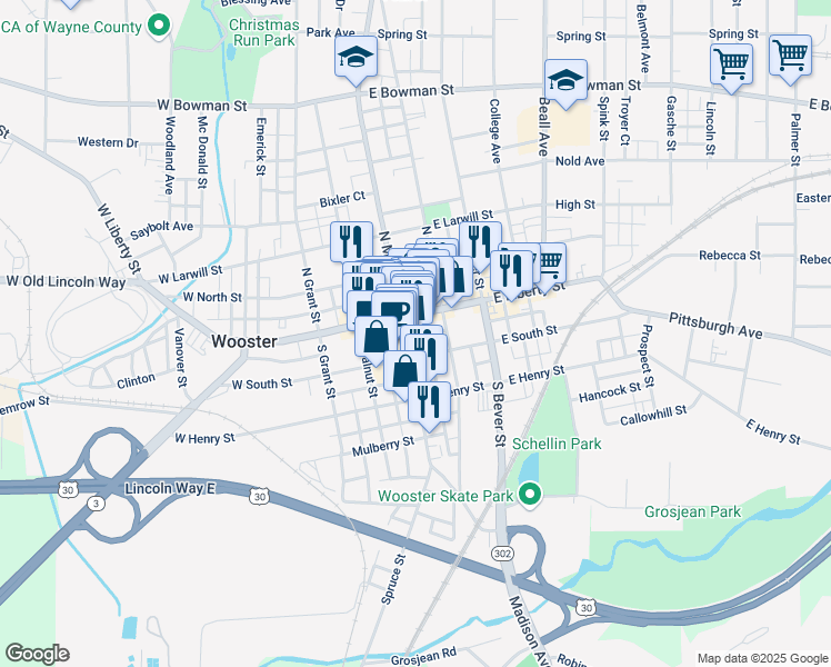 map of restaurants, bars, coffee shops, grocery stores, and more near 116 East South Street in Wooster