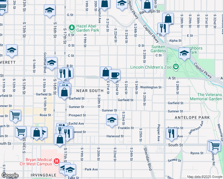 map of restaurants, bars, coffee shops, grocery stores, and more near 2120 Garfield Street in Lincoln