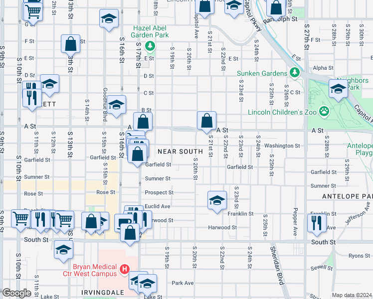 map of restaurants, bars, coffee shops, grocery stores, and more near 1934 Garfield Street in Lincoln
