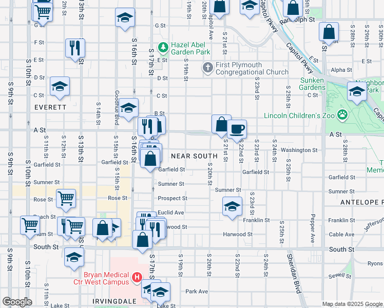 map of restaurants, bars, coffee shops, grocery stores, and more near 1934 Garfield Street in Lincoln