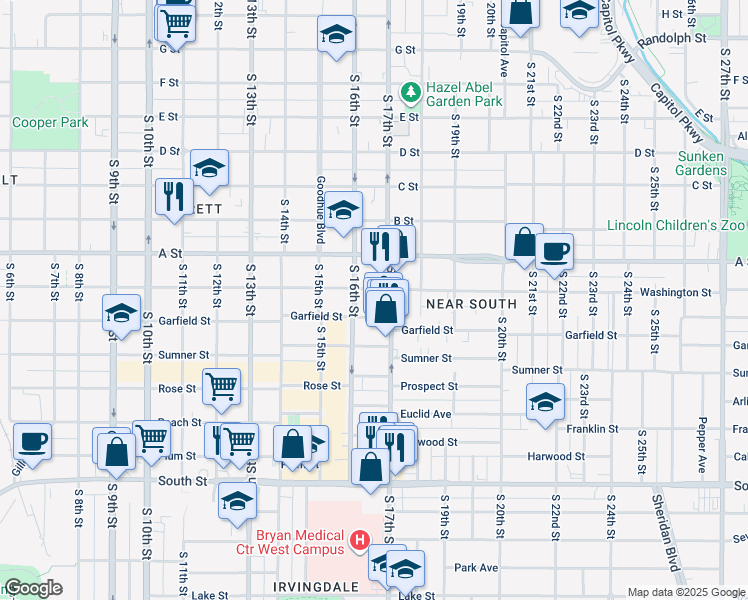 map of restaurants, bars, coffee shops, grocery stores, and more near 1641 Garfield Street in Lincoln