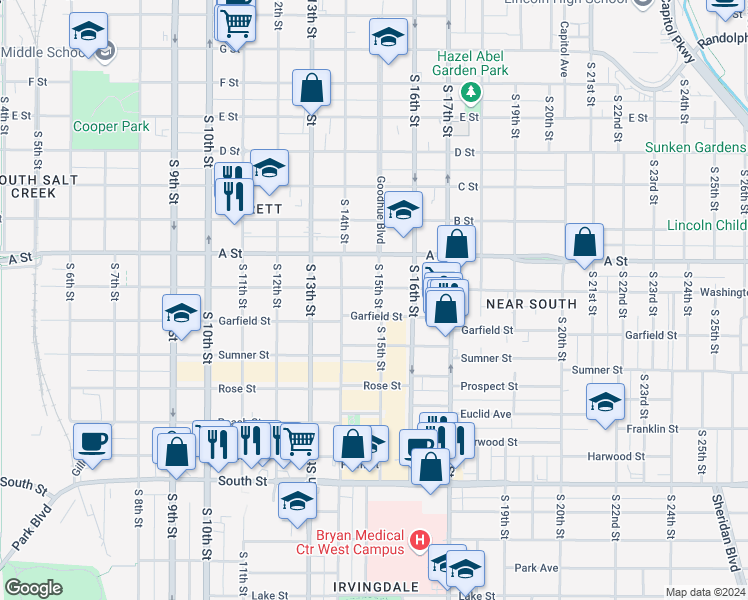 map of restaurants, bars, coffee shops, grocery stores, and more near 1425 Garfield Street in Lincoln