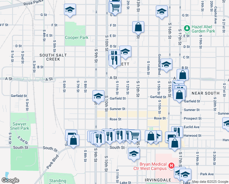 map of restaurants, bars, coffee shops, grocery stores, and more near 1021 Garfield Street in Lincoln