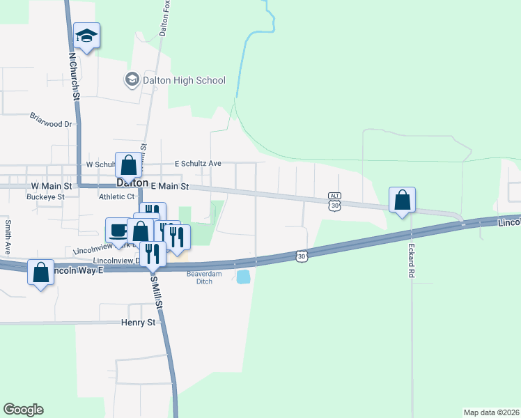 map of restaurants, bars, coffee shops, grocery stores, and more near 53 South Cochran Street in Dalton