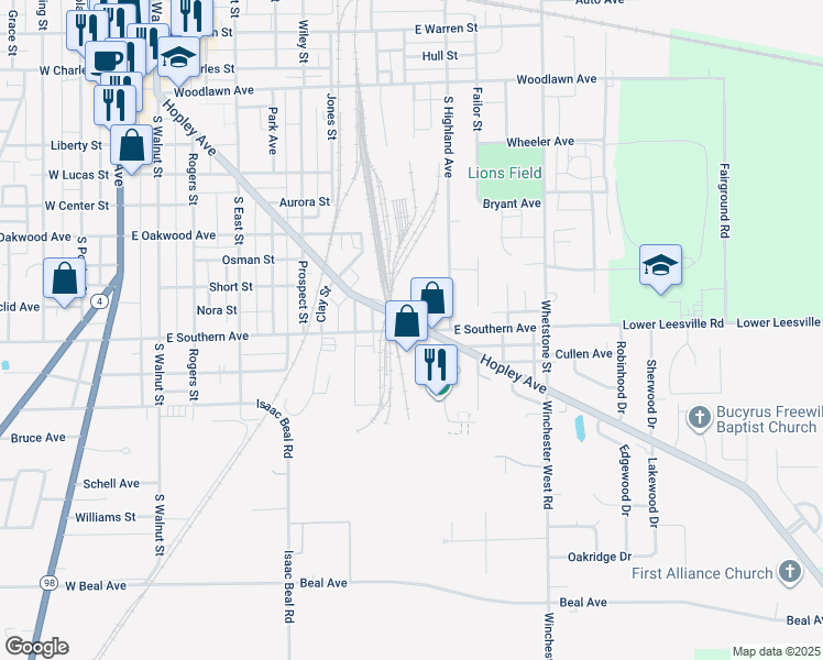 map of restaurants, bars, coffee shops, grocery stores, and more near East Southern Avenue in Bucyrus