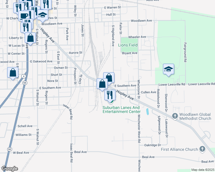 map of restaurants, bars, coffee shops, grocery stores, and more near East Southern Avenue in Bucyrus