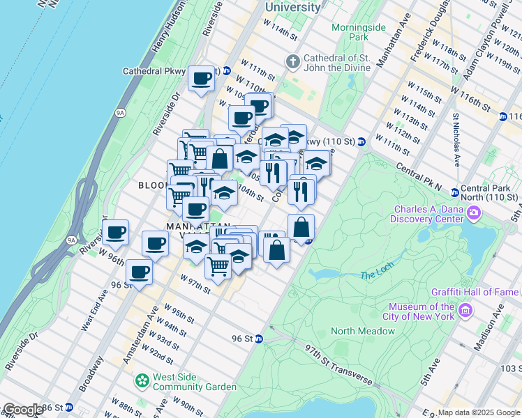map of restaurants, bars, coffee shops, grocery stores, and more near 878 Columbus Avenue in New York