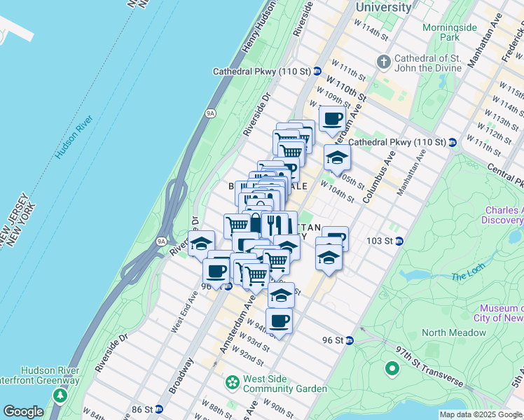 map of restaurants, bars, coffee shops, grocery stores, and more near 2647 Broadway in New York