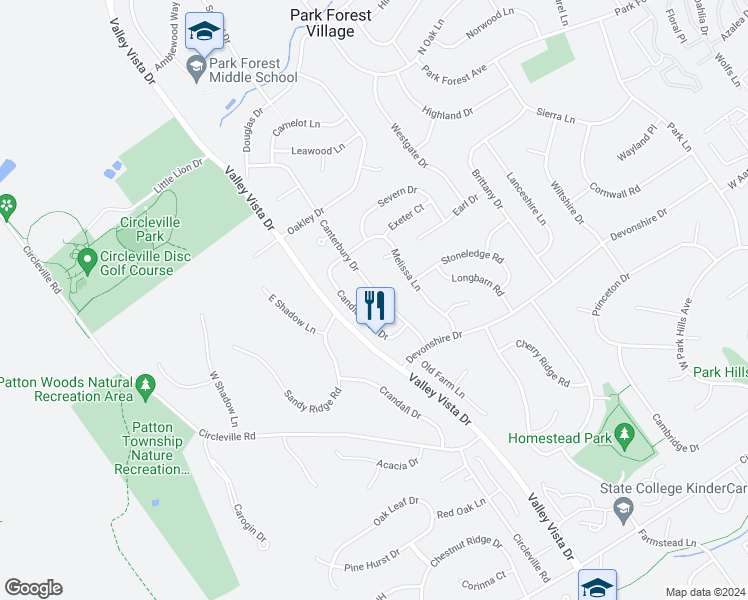 map of restaurants, bars, coffee shops, grocery stores, and more near 418 Canterbury Drive in State College