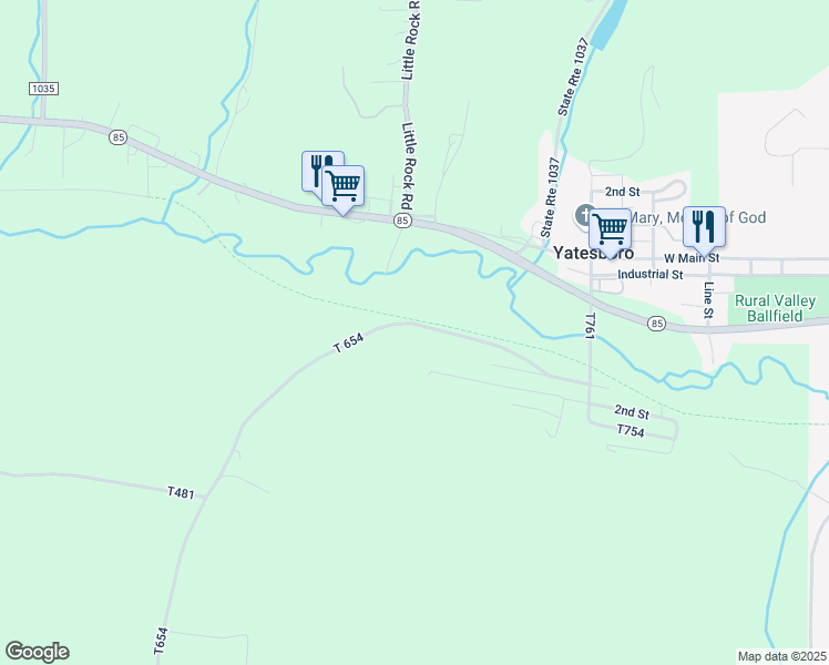 map of restaurants, bars, coffee shops, grocery stores, and more near 406 Tipple Alley Road in Rural Valley