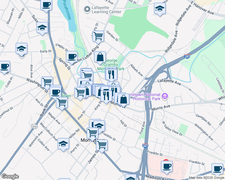 map of restaurants, bars, coffee shops, grocery stores, and more near 2 Lackawanna Place in Morristown