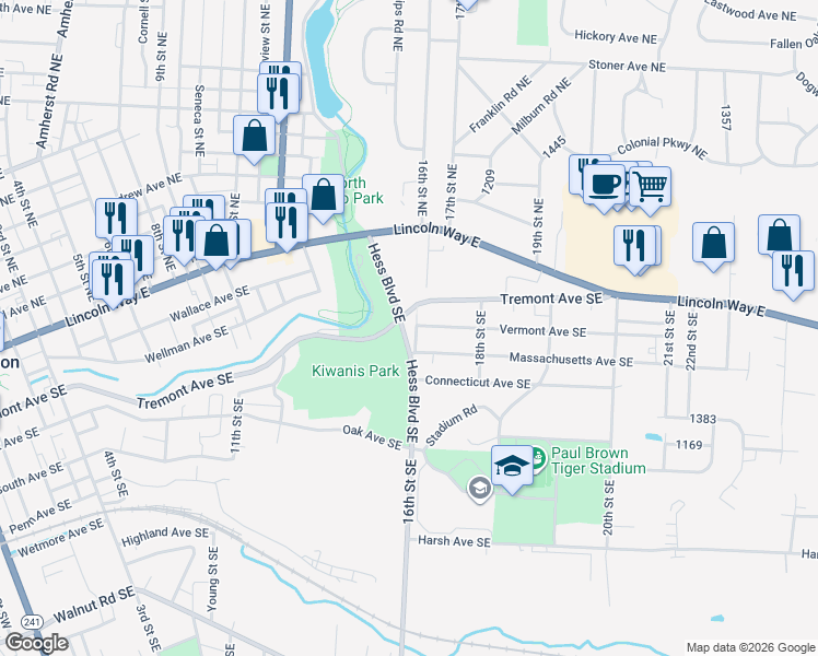 map of restaurants, bars, coffee shops, grocery stores, and more near 1613 Massachusetts Avenue Southeast in Massillon
