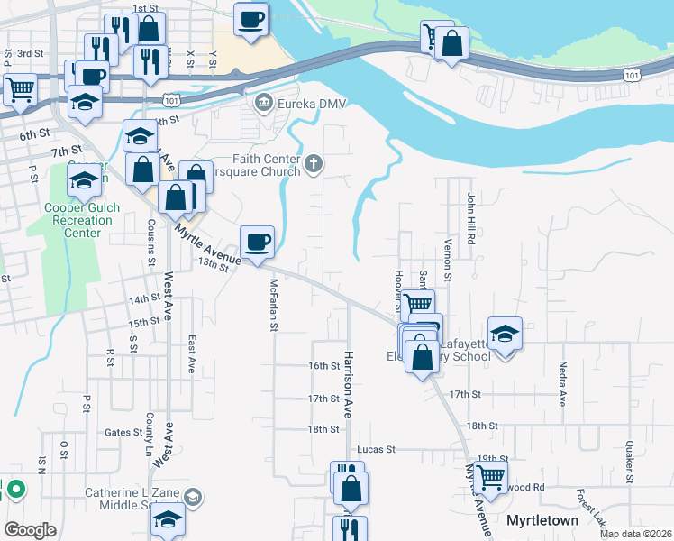 map of restaurants, bars, coffee shops, grocery stores, and more near 1411 Bay Street in Eureka