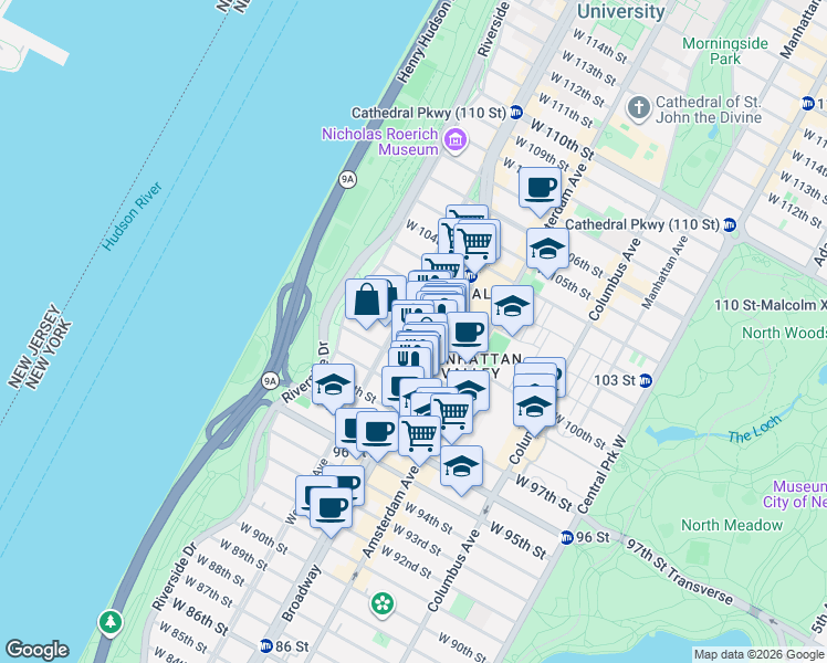 map of restaurants, bars, coffee shops, grocery stores, and more near 243 West 100th Street in New York