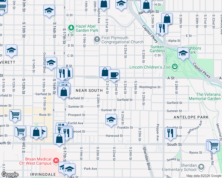 map of restaurants, bars, coffee shops, grocery stores, and more near 2120 Garfield Street in Lincoln