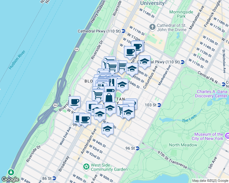 map of restaurants, bars, coffee shops, grocery stores, and more near 852 Amsterdam Avenue in New York