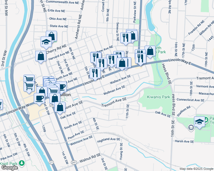 map of restaurants, bars, coffee shops, grocery stores, and more near 611 Wallace Avenue Southeast in Massillon