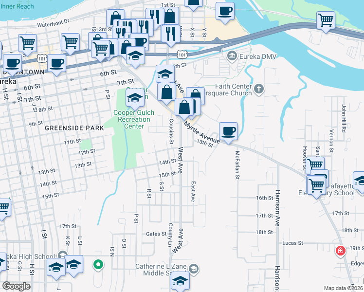 map of restaurants, bars, coffee shops, grocery stores, and more near 1226 E Street in Eureka