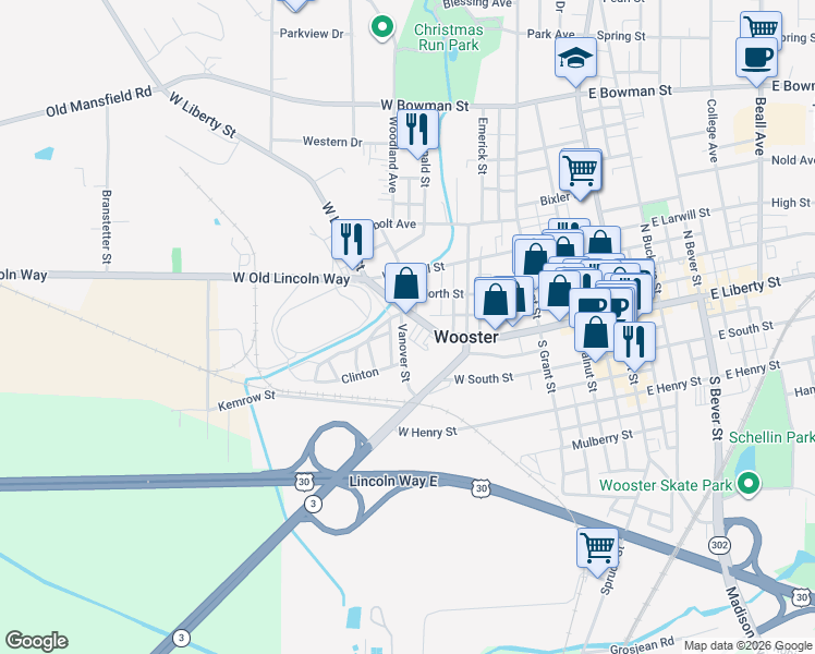 map of restaurants, bars, coffee shops, grocery stores, and more near 504 West North Street in Wooster
