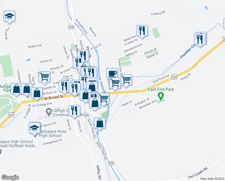 map of restaurants, bars, coffee shops, grocery stores, and more near 305 East Broad Street in Tamaqua