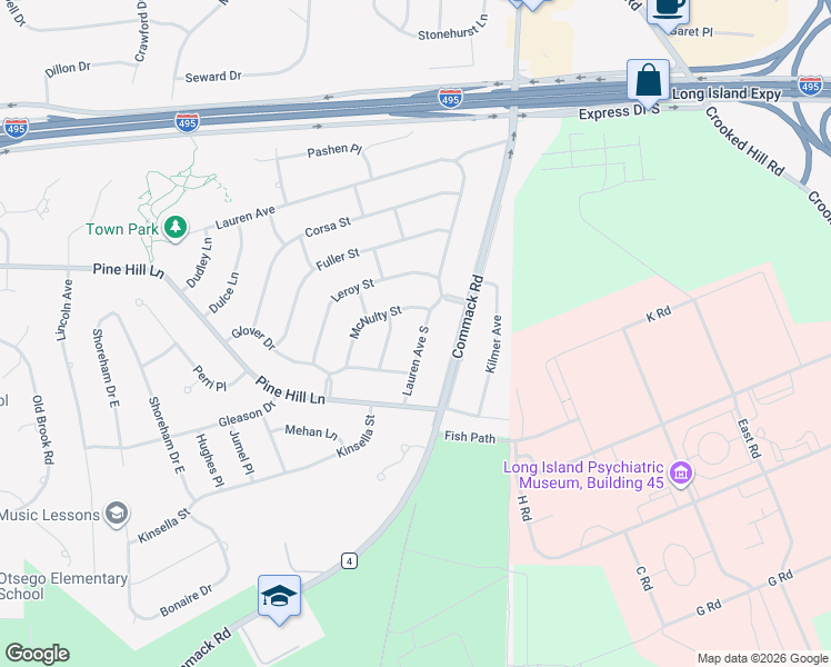 map of restaurants, bars, coffee shops, grocery stores, and more near 6 McNulty Street in Dix Hills