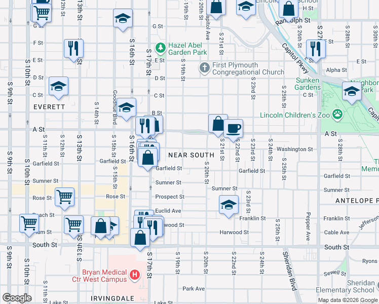 map of restaurants, bars, coffee shops, grocery stores, and more near 1955 A Street in Lincoln