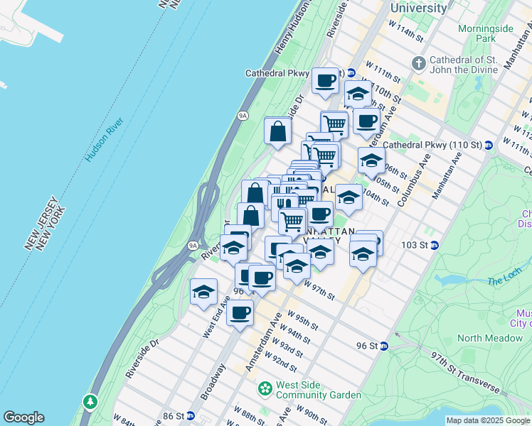 map of restaurants, bars, coffee shops, grocery stores, and more near 325 West 100th Street in New York