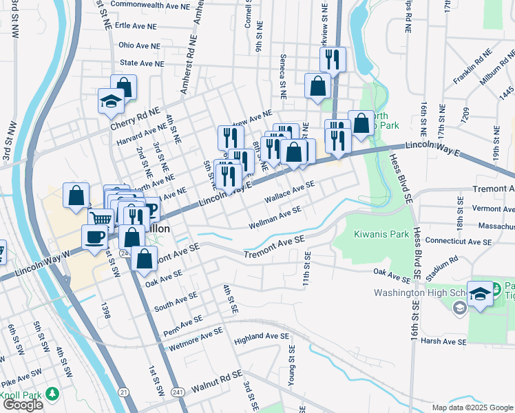 map of restaurants, bars, coffee shops, grocery stores, and more near 613 Wallace Avenue Southeast in Massillon