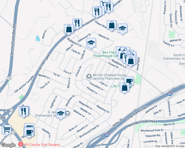 map of restaurants, bars, coffee shops, grocery stores, and more near 23 Sagamore Way North in Jericho