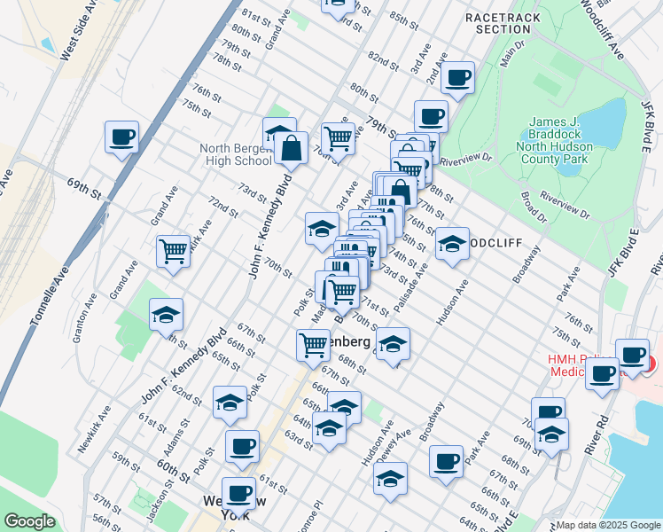 map of restaurants, bars, coffee shops, grocery stores, and more near 705 73rd Street in North Bergen