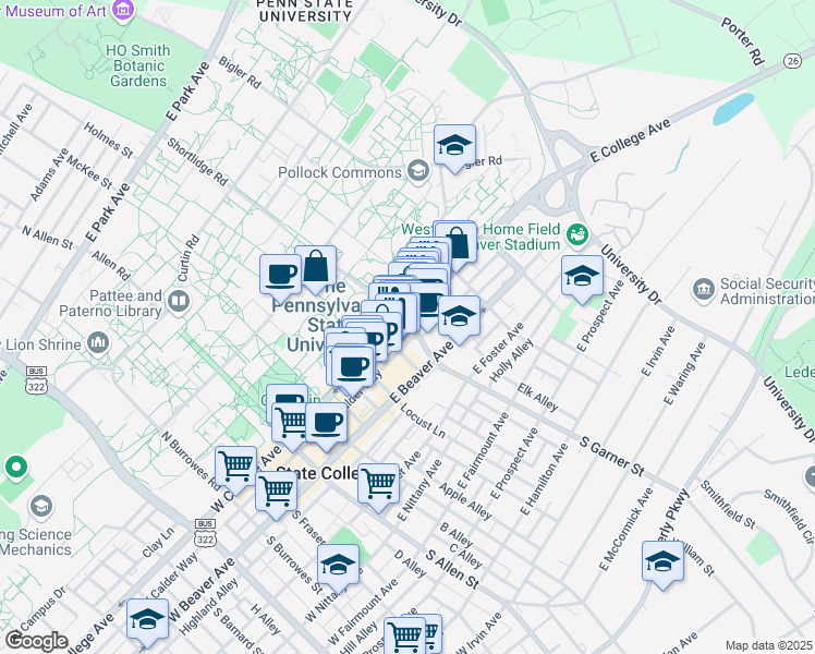 map of restaurants, bars, coffee shops, grocery stores, and more near 366 East College Avenue in State College