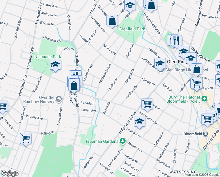 map of restaurants, bars, coffee shops, grocery stores, and more near 11 Willowdale Court in Montclair