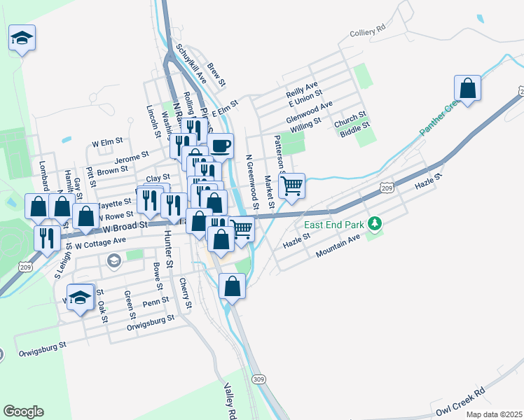 map of restaurants, bars, coffee shops, grocery stores, and more near 305 East Broad Street in Tamaqua