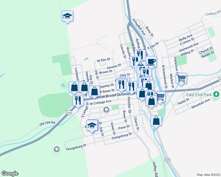 map of restaurants, bars, coffee shops, grocery stores, and more near 229 West Rowe Street in Tamaqua