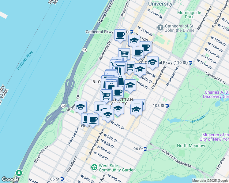 map of restaurants, bars, coffee shops, grocery stores, and more near 215 West 101st Street in New York