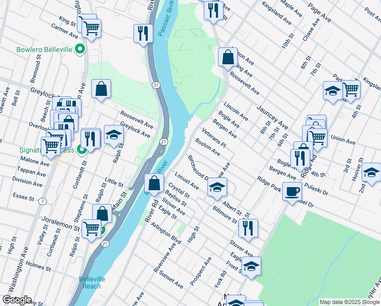 map of restaurants, bars, coffee shops, grocery stores, and more near 72 Birchwood Drive in North Arlington