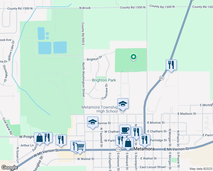 map of restaurants, bars, coffee shops, grocery stores, and more near 705 North Crestview Drive in Metamora
