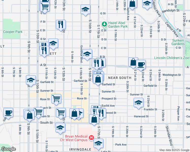 map of restaurants, bars, coffee shops, grocery stores, and more near 1622 Washington Street in Lincoln