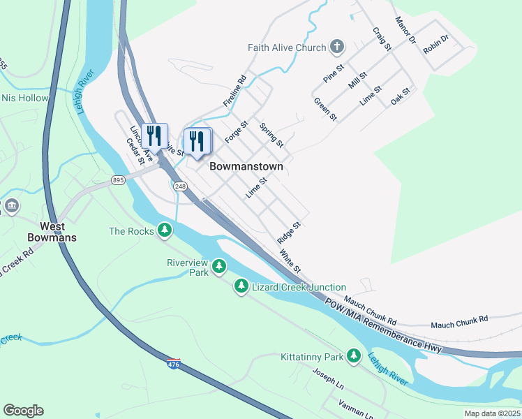 map of restaurants, bars, coffee shops, grocery stores, and more near 301 Stony Hill in Palmerton