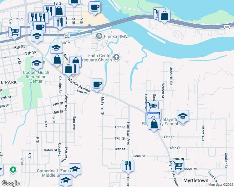 map of restaurants, bars, coffee shops, grocery stores, and more near 1404 Bay Street in Eureka