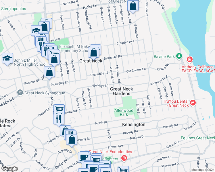 map of restaurants, bars, coffee shops, grocery stores, and more near 36 Devon Road in Great Neck