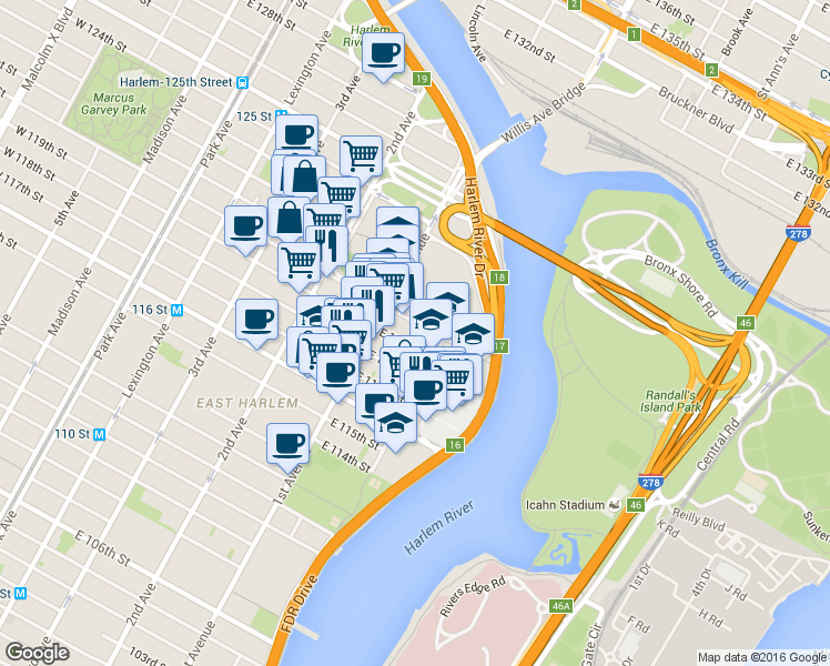 map of restaurants, bars, coffee shops, grocery stores, and more near 413 East 120th Street in New York