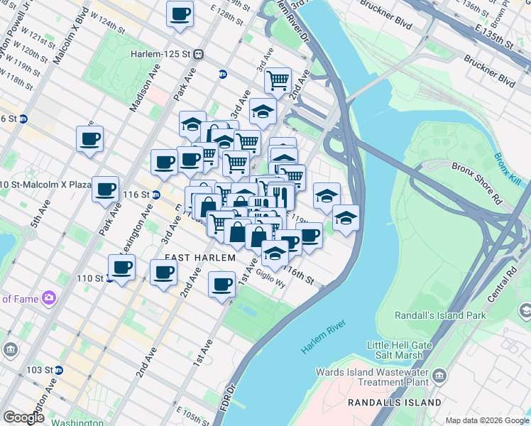 map of restaurants, bars, coffee shops, grocery stores, and more near 333 East 119th Street in New York